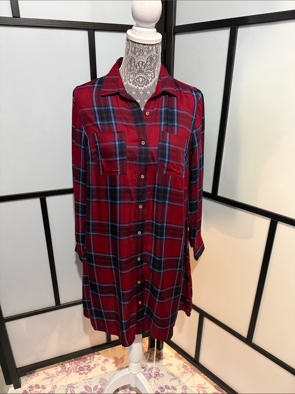 Old Navy Red and Navy Plaid Button-Front Shirt Dress